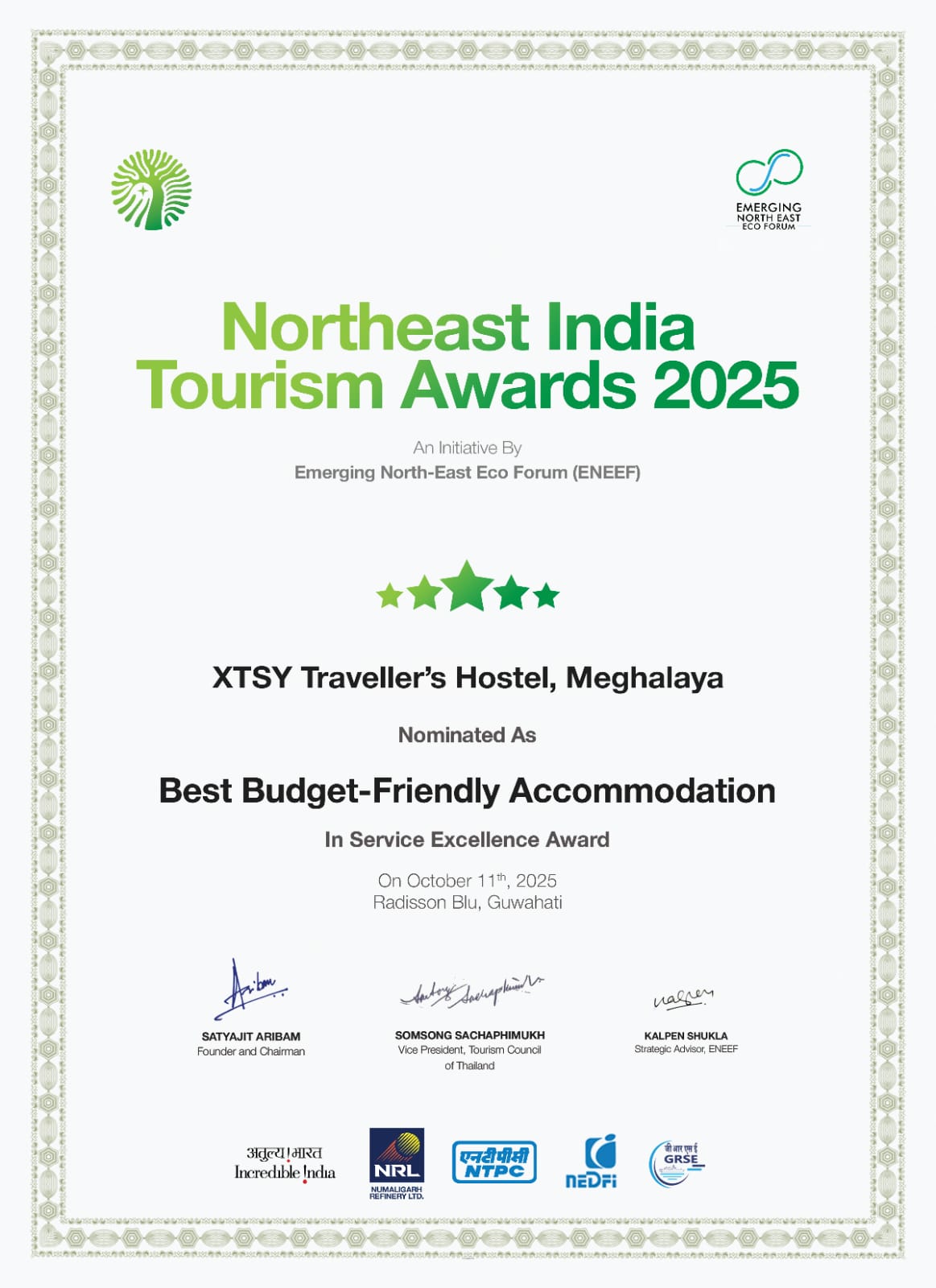 XTSY NEITA 2025 Award Certificate - Best Budget-Friendly Accommodation and Service Excellence Award